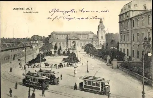 Ak Darmstadt in Hessen, Straßenbahnen passieren den Paradeplatz