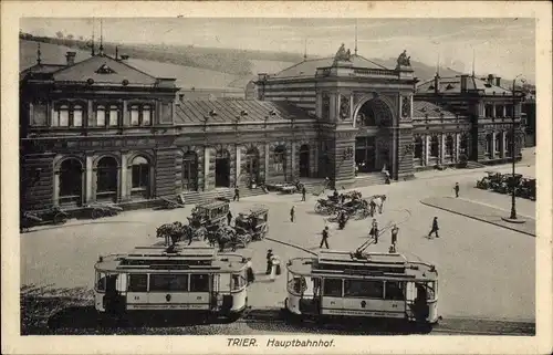 Ak Trier in Rheinland Pfalz, Hauptbahnhof, Straßenbahn, Pferdekutschen