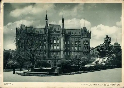 Ak Szczecin Stettin Pommern, Rathaus mit Manzelbrunnen