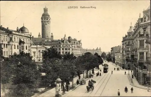 Ak Leipzig in Sachsen, Rathaus-Ring, Turm, Kutsche, Straßenbahn, Litfaßsäule