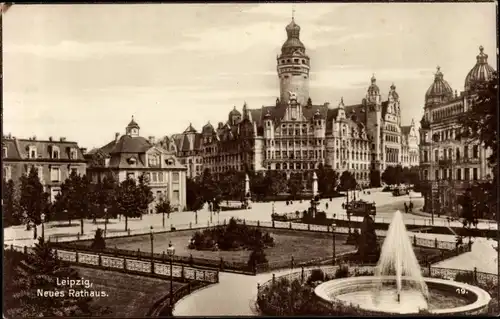 Ak Leipzig in Sachsen, Neues Rathaus, Brunnen