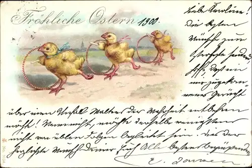 Litho Glückwunsch Ostern, Vermenschlichte Küken mit Reifen