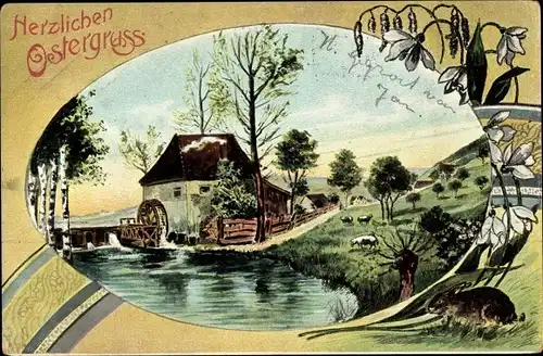 Passepartout Ak Glückwunsch Ostern, Landschaft mit Wassermühle, Hase, Ei