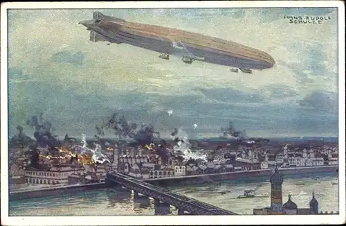 Künstler Ak Schulze, Hans Rudolf, Zeppelin, Luftschiff Schütte Lanz, Warschau bombardierend, I. WK