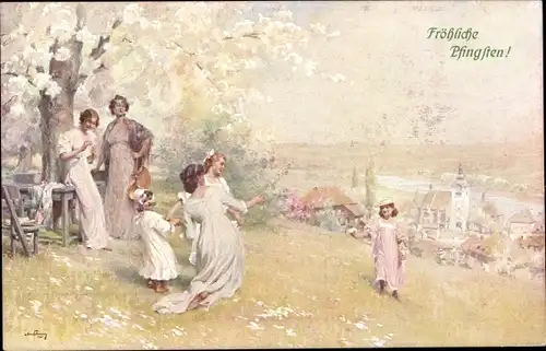 Künstler Ak Glückwunsch Pfingsten, Kinder und Frauen auf einer Frühlingswiese