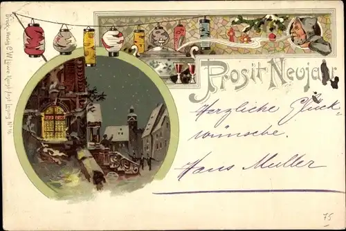 Litho Glückwunsch Neujahr, Stadtansicht im Winter, Lampions