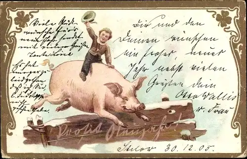 Präge Litho Glückwunsch Neujahr, Junge reitet auf einem Schwein, Kleeblätter