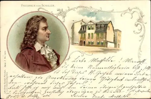 Künstler Litho Weimar in Thüringen, Portrait Friedrich von Schiller, Geburtshaus