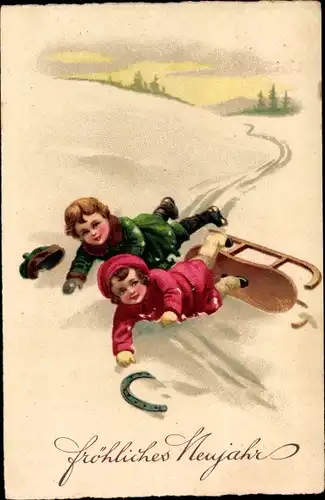 Ak Glückwunsch Neujahr, Kinder sind mit dem Schlitten gestürzt, Hufeisen