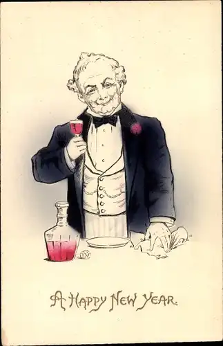 Ak Glückwunsch Neujahr, Mann mit Weinglas