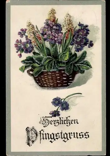 Präge Ak Glückwunsch Pfingsten, Korb mit Blumen