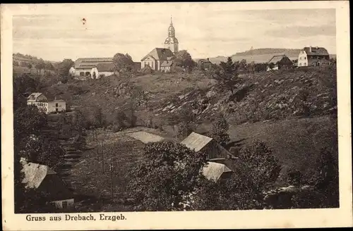 Ak Drebach im Erzgebirge, Blick auf den Ort, Kirche