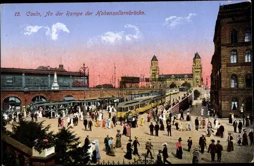 Ak Köln am Rhein, An der Rampe der Hohenzollernbrücke, Straßenbahn