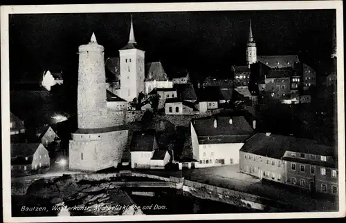 Ak Bautzen in der Lausitz, Wasserkunst, Michaeliskirche, Dom bei Nacht