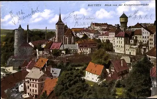 Ak Bautzen in der Lausitz, Blick von der Kronprinzenbrücke auf die Stadt, Türme