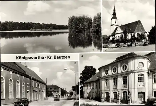 Ak Königswartha in der Oberlausitz, Teichlandschaft, Kirchplatz, Dorfstraße, Binnenfischereischule