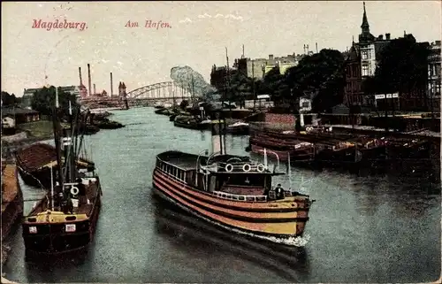 Ak Magdeburg an der Elbe, Am Hafen, Dampfer