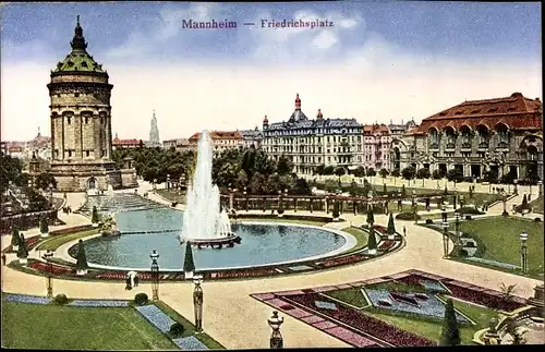 Ak Mannheim in Baden, Friedrichsplatz, Fontäne, Wasserturm