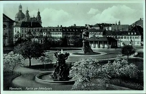 Ak Mannheim in Baden, Partie am Schlossplatz, Denkmal, Brunnen