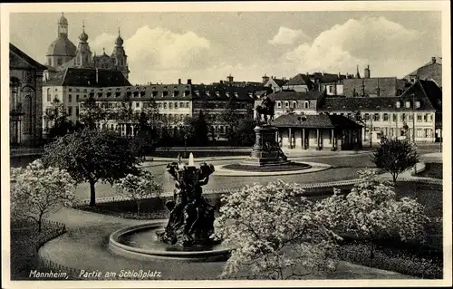 Ak Mannheim in Baden, Partie am Schlossplatz, Denkmal, Brunnen