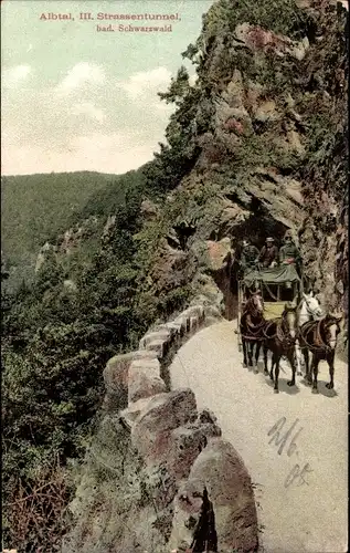 Ak Albtal Sankt Blasien im Schwarzwald, III. Strassentunnel, Kutsche