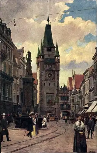 Künstler Ak Hoffmann, H., Freiburg im Breisgau, Kaiserstraße mit Martinstor