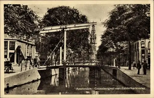 Ak Amsterdam Nordholland Niederlande, Groenburgwal met Zuiderkerktoren