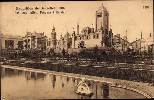 Ak Bruxelles Brüssel, Exposition Universelle 1910, Pavillons Italien, Uruguay et Herstal