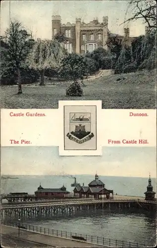 Ak Dunoon Schottland, Castle Gardens, The Pier, From Castle Hill, Wappen
