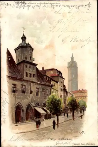 Künstler Litho Jena Thüringen, Straßenpartie vor dem Rathaus, Kirchturm