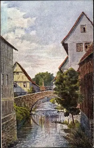 Künstler Ak Frühauf, Schleusingen in Thüringen, Nahepartie mit Blick auf Brücke, Schützenstraße