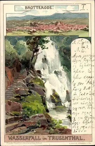 Künstler Litho Stagura, Albert, Brotterode Trusetal in Thüringen, Blick auf den Wasserfall