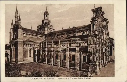 Ak Certosa di Pavia Lombardia, Facciata e fianco della Chiesa