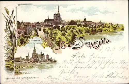 Litho Stralsund in Vorpommern, Stadtansicht, Panorama vom Bahnhof aus