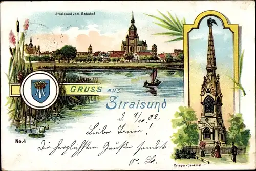 Litho Stralsund in Vorpommern, Stadtansicht, Panorama vom Bahnhof aus, Kriegerdenkmal