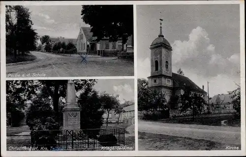 Ak Christinendorf Trebbin im Kreis Teltow Fläming, Kirche, Schule, Kriegerdenkmal