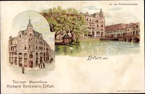 Litho Erfurt in Thüringen, Partie an der Schlösserbrücke, Thüringer Warenhaus