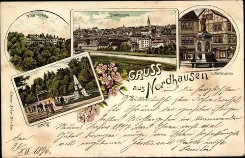 Litho Nordhausen am Harz, Wilhelmshöhe, Gesamtansicht, Lutherbrunnen