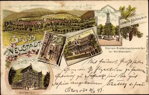 Litho Neustadt im Harz Harztor Thüringen, Ruine Hohnstein, Pappenberg Turm, Badeanstalt, Kurhaus