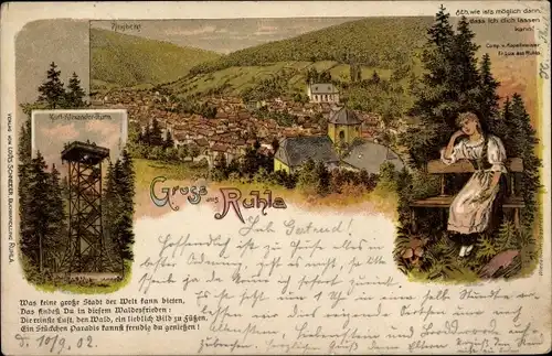 Litho Ruhla in Thüringen, Karl Alexander Turm, Blick auf den Ort