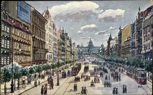 Künstler Ak Praha Prag Tschechien, Václavské náměstí, Wenzelsplatz, Straßenbahnen