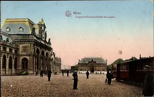Ak Mons Wallonien Hennegau, La gare et le nouvel hôtel des postes