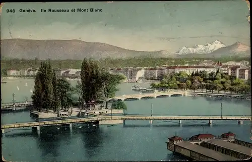 Ak Genève Genf Schweiz, Ile Rousseau et Mont Blanc