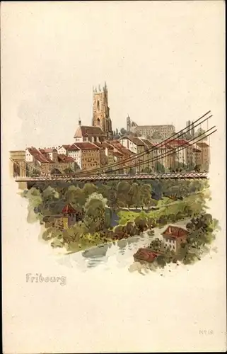 Litho Fribourg Freiburg Stadt Schweiz, Teilansicht mit Brücke