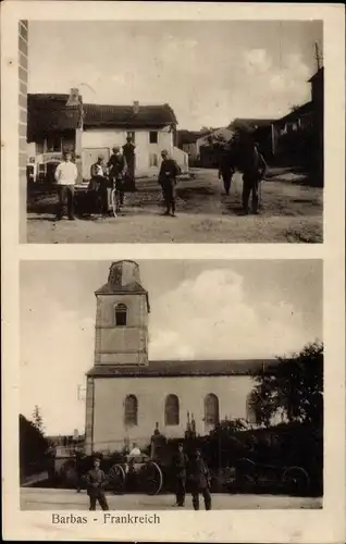 Ak Barbas Lothringen Meurthe et Moselle, Soldaten stehen vor der Kirche, Fahrradfahrer