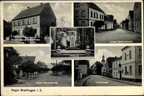 Ak Regis Breitingen Sachsen, Geschäftshaus Kretzschmar, Bahnhofstraße, Ehrenmal, Hauptstraße