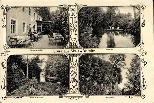 Jugendstil Ak Skala Bellwitz Löbau, Gemauerte Mühle, Gondelfahrt, Rittersprung