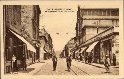 Ak Firminy Loire, Rue Nationale et les Halles, Straßenpartie