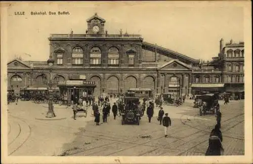 Ak Lille Nord, La Gare, Ansicht vom Bahnhof, Buffet, Straßenverkehr