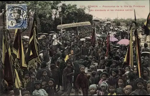 Ak Tonkin Vietnam, Procession de la fete du Printemps